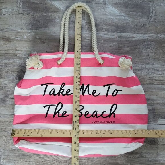 Victorias Secret Pink White Stripe Canvas Take Me To The Beach Tote Rope Handles - Picture 6 of 11